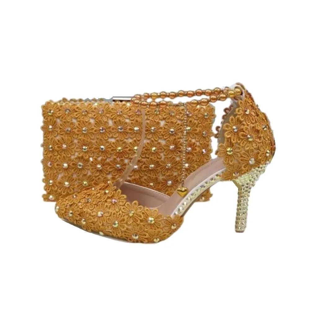 BAYA Women's Fashion Elegant Light Purple Flower Lace Design Wedding Shoes with Matching Handbag
