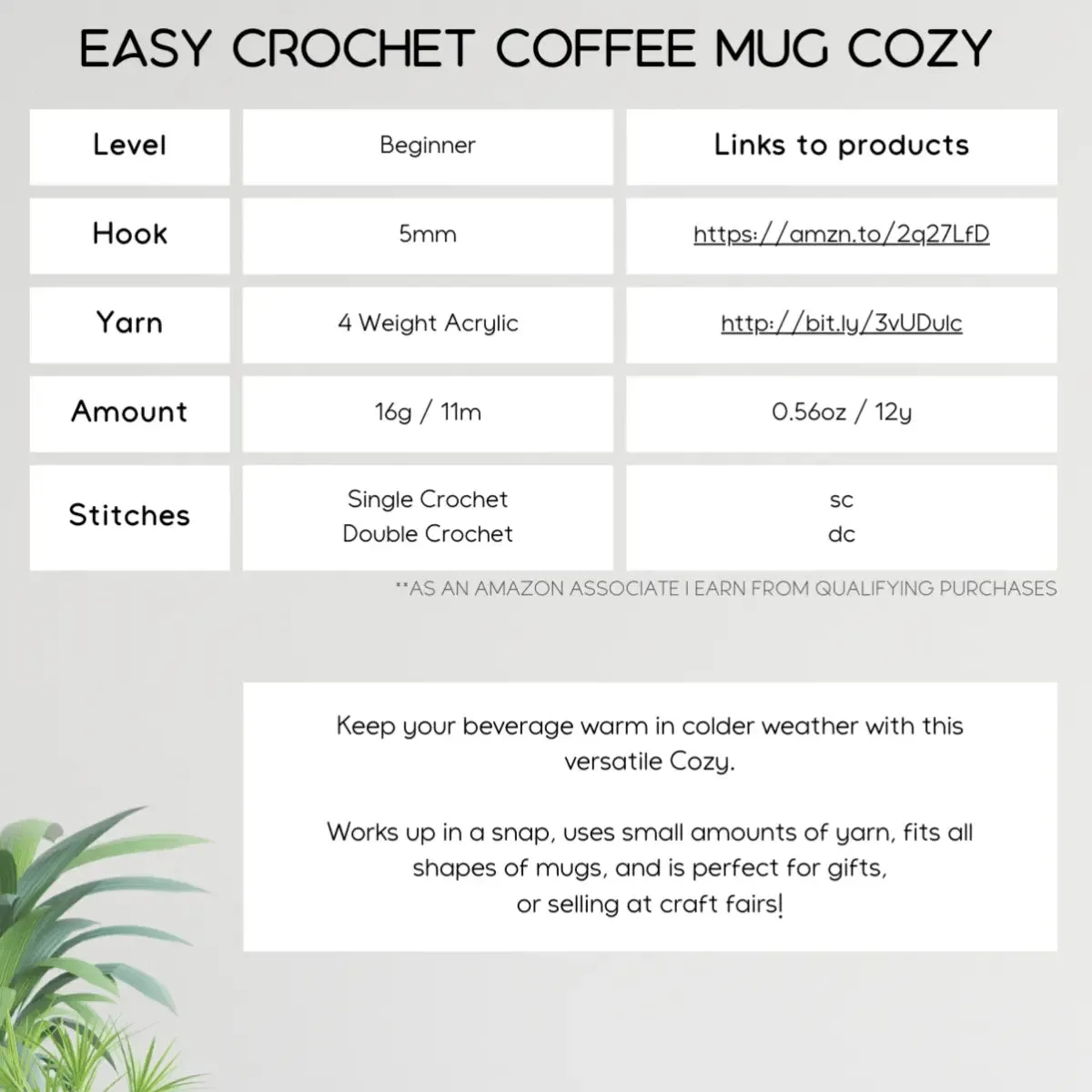 Crochet Coffee Mug Cozy -Any Size Crochet Mug Cozy Pattern