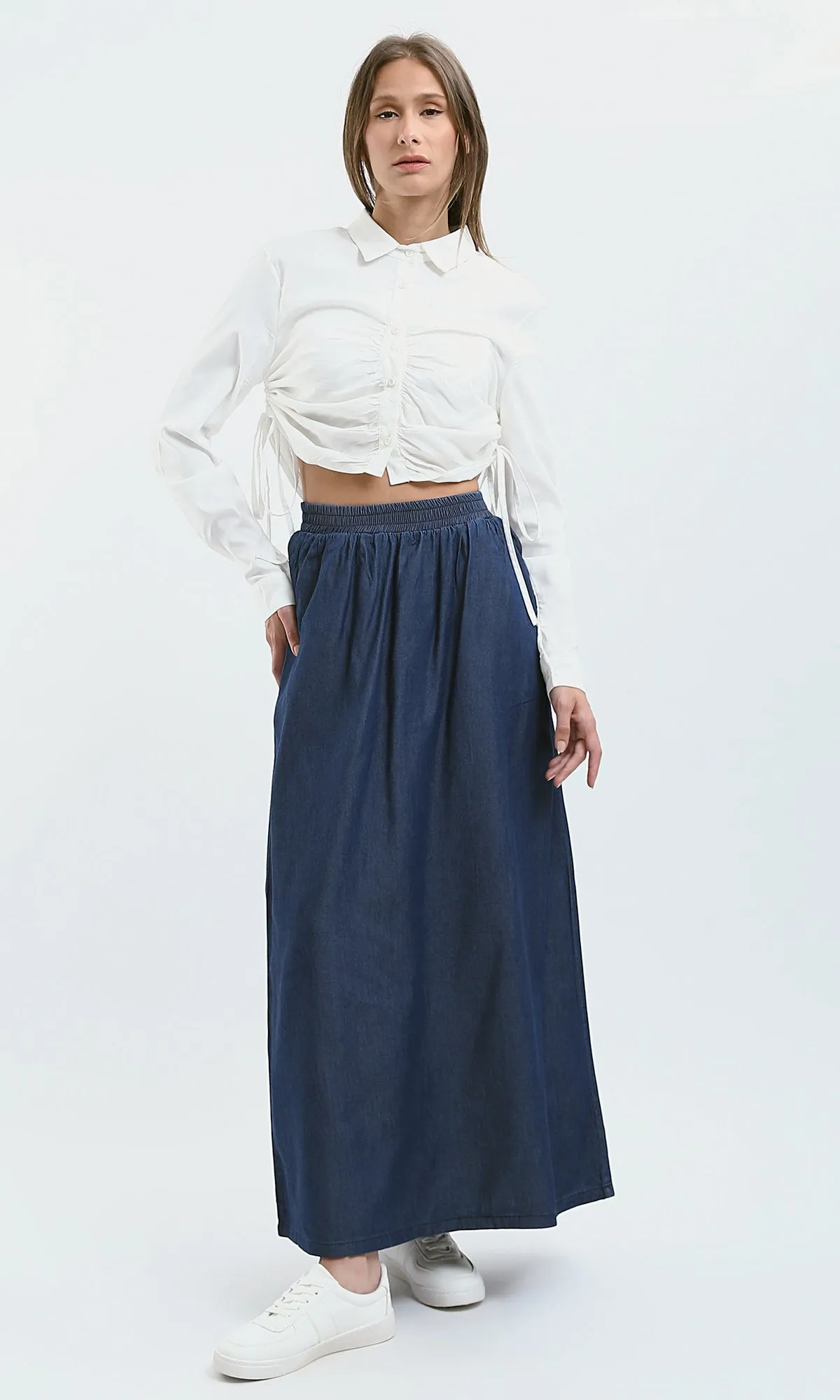 O179840 Off-White Buttoned Short Shirt With Side Drawstring