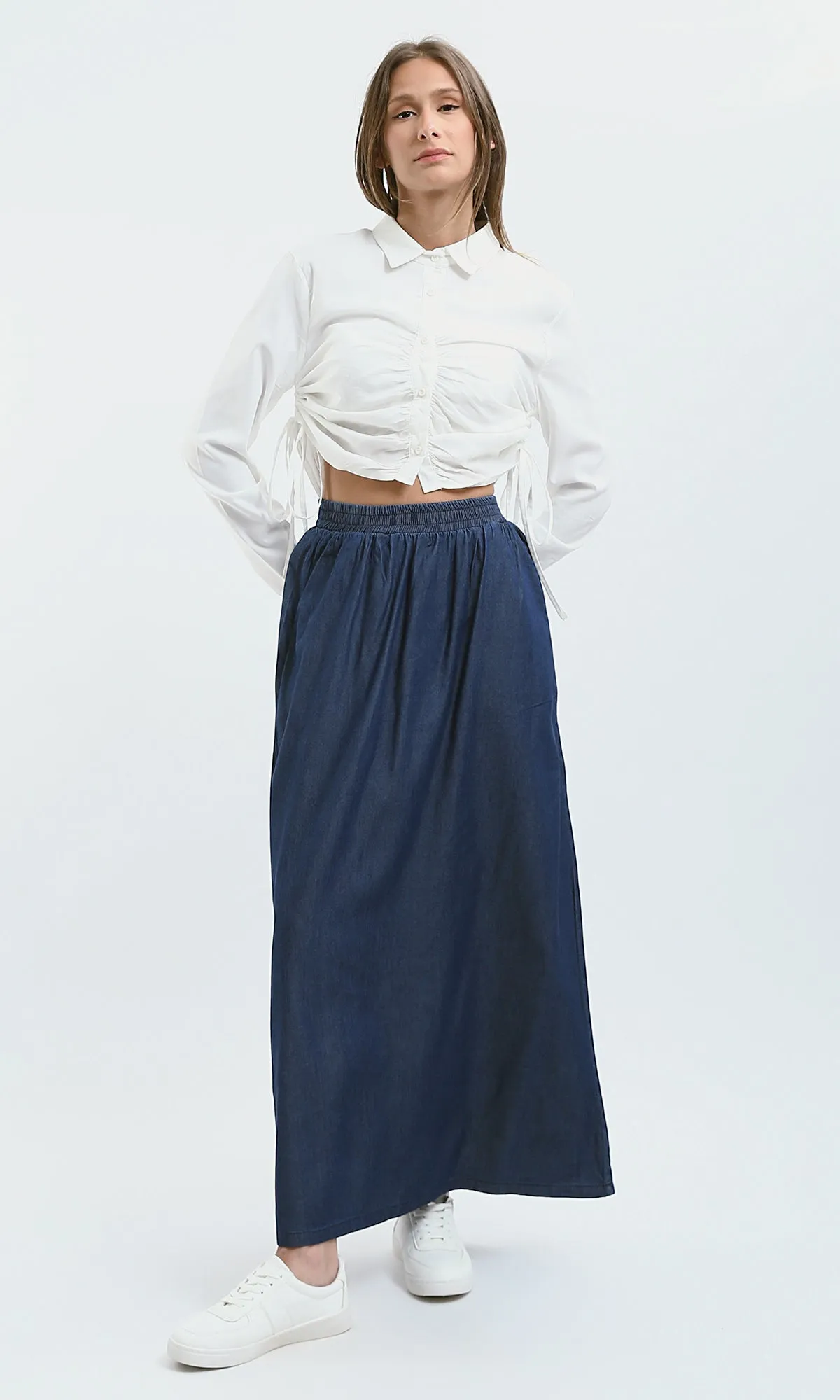 O179840 Off-White Buttoned Short Shirt With Side Drawstring