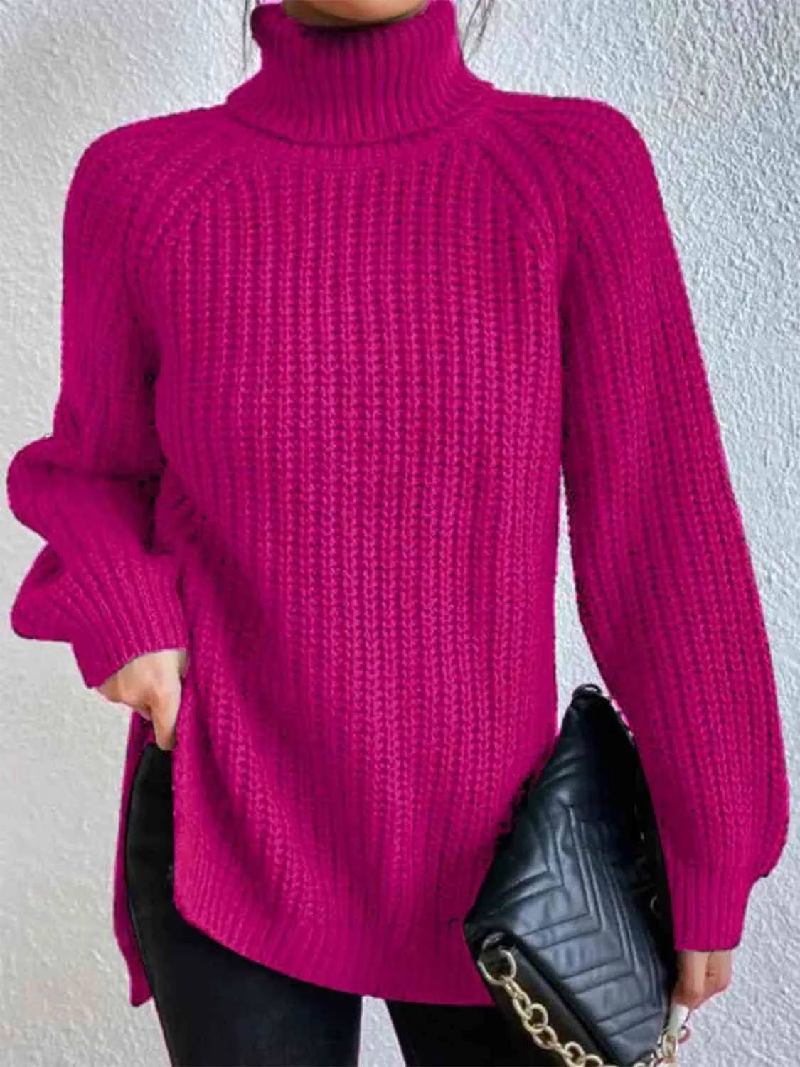 Winter Gathering Full Size Turtleneck Rib-Knit Slit Sweater