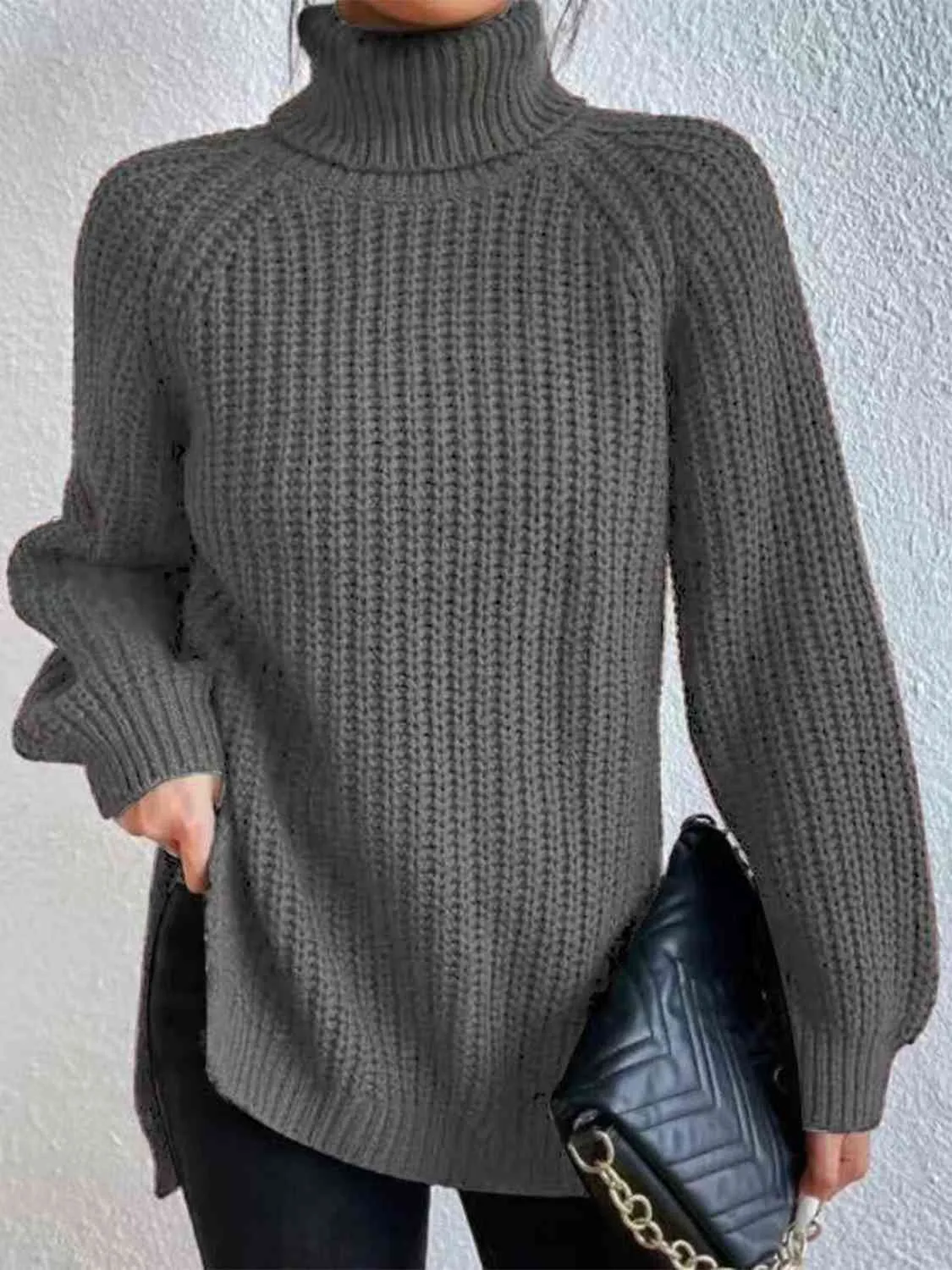 Winter Gathering Full Size Turtleneck Rib-Knit Slit Sweater