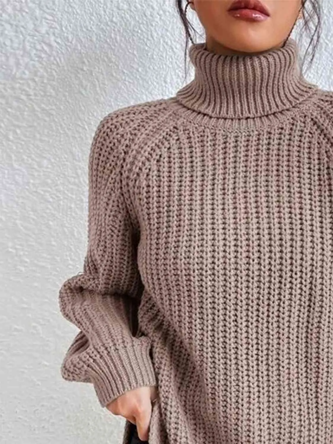Winter Gathering Full Size Turtleneck Rib-Knit Slit Sweater