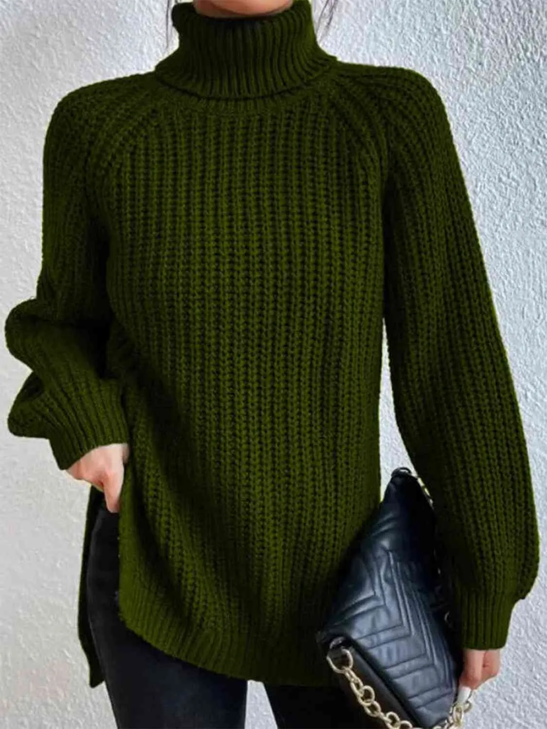 Winter Gathering Full Size Turtleneck Rib-Knit Slit Sweater