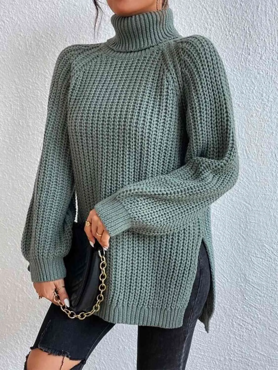 Winter Gathering Full Size Turtleneck Rib-Knit Slit Sweater