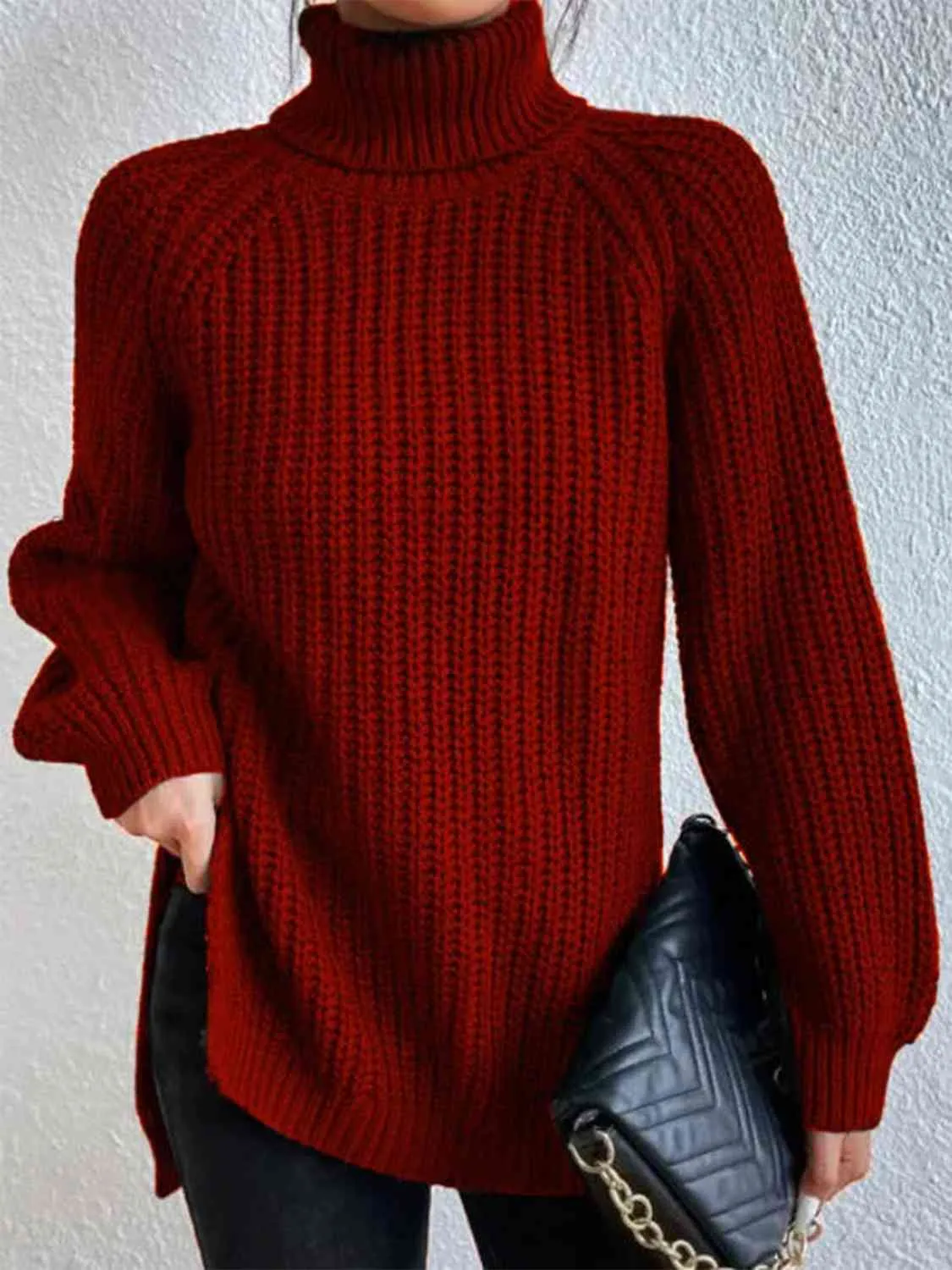 Winter Gathering Full Size Turtleneck Rib-Knit Slit Sweater