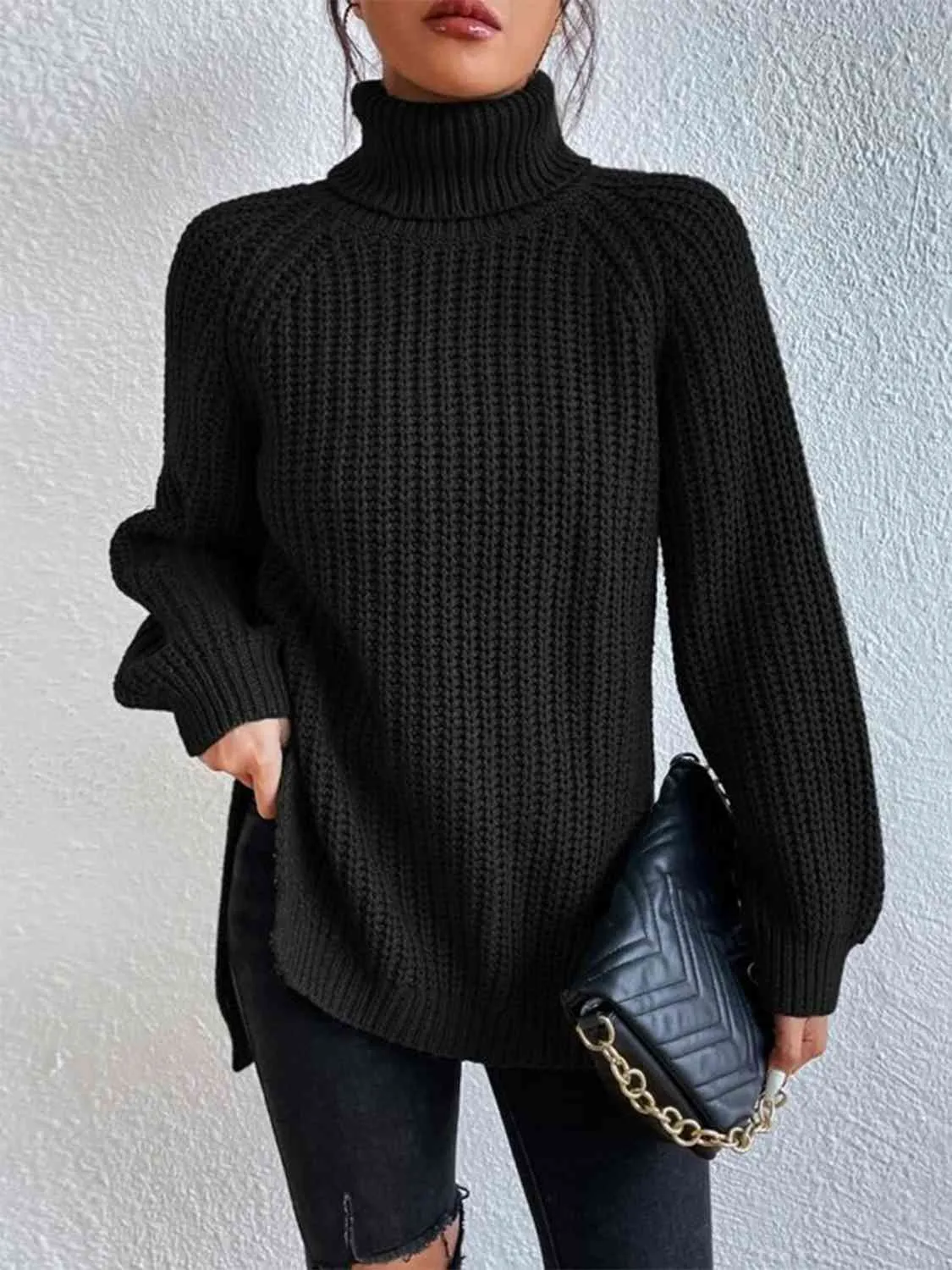 Winter Gathering Full Size Turtleneck Rib-Knit Slit Sweater