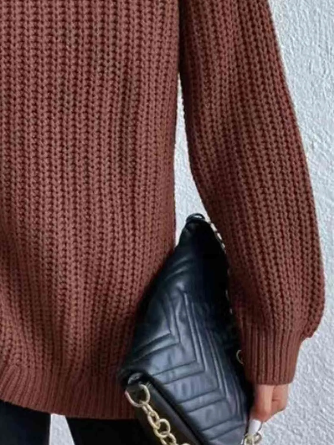 Winter Gathering Full Size Turtleneck Rib-Knit Slit Sweater
