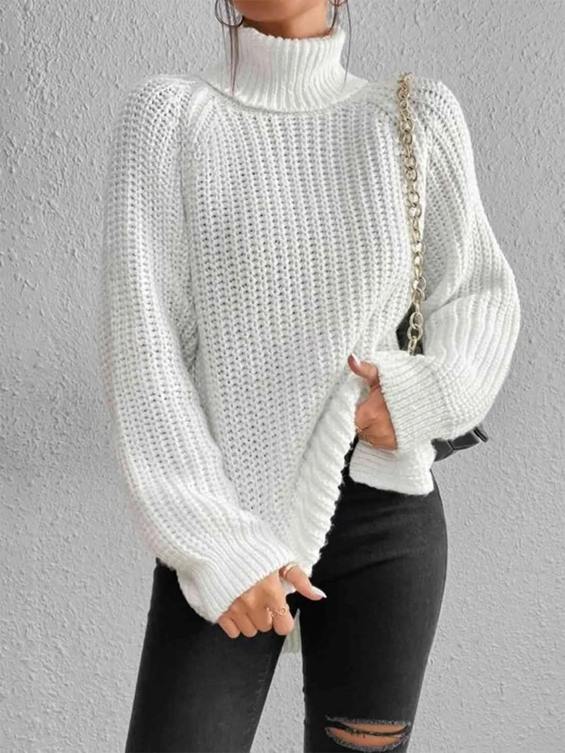 Winter Gathering Full Size Turtleneck Rib-Knit Slit Sweater