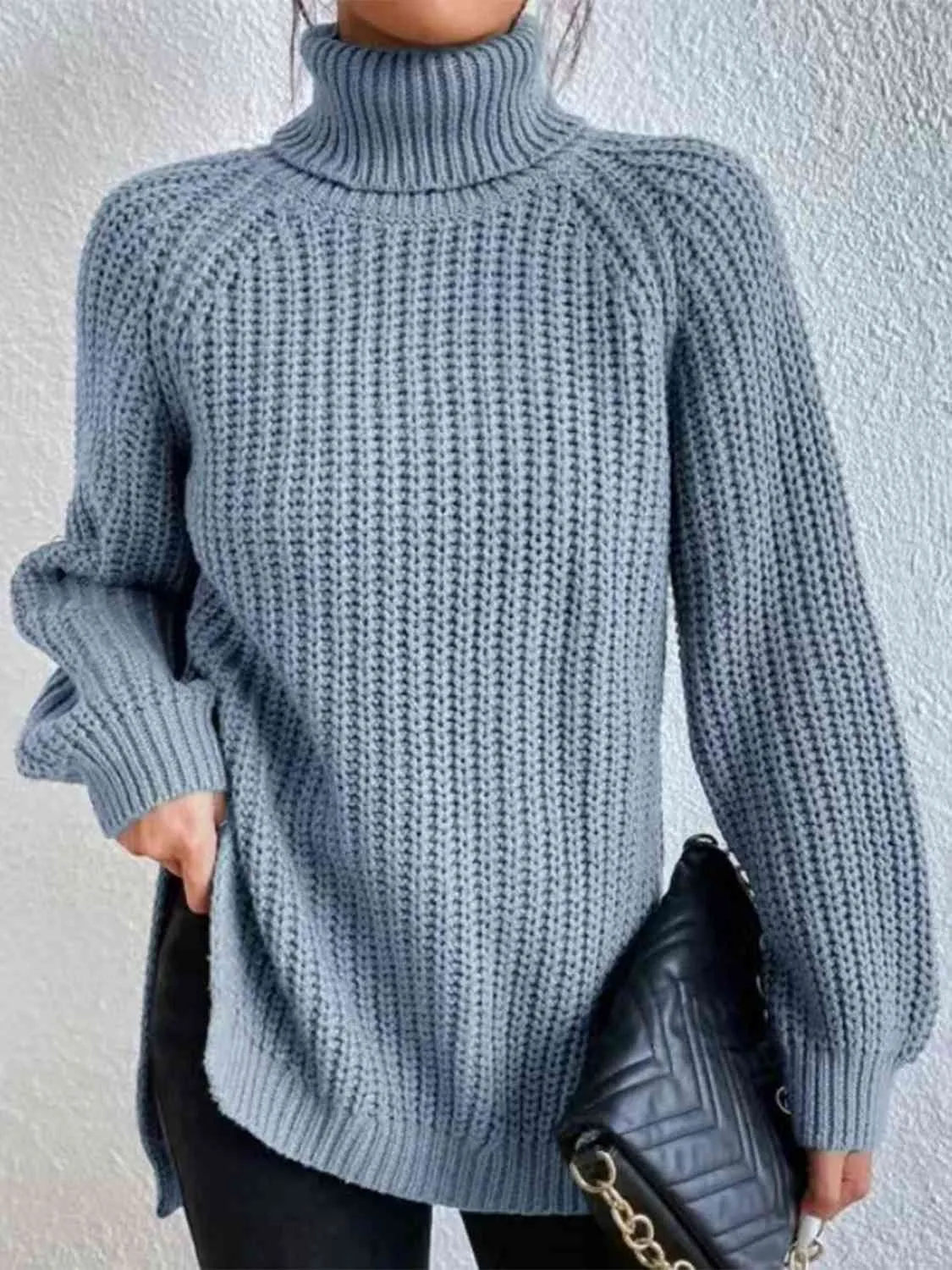 Winter Gathering Full Size Turtleneck Rib-Knit Slit Sweater