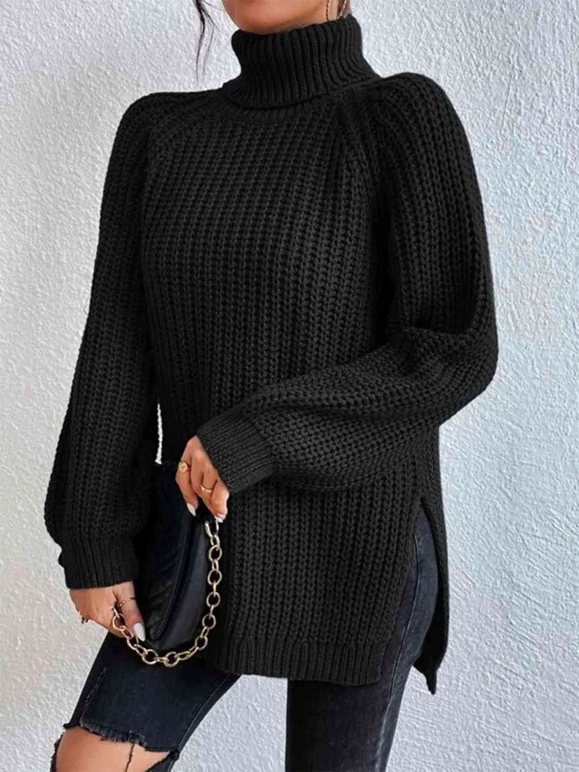 Winter Gathering Full Size Turtleneck Rib-Knit Slit Sweater