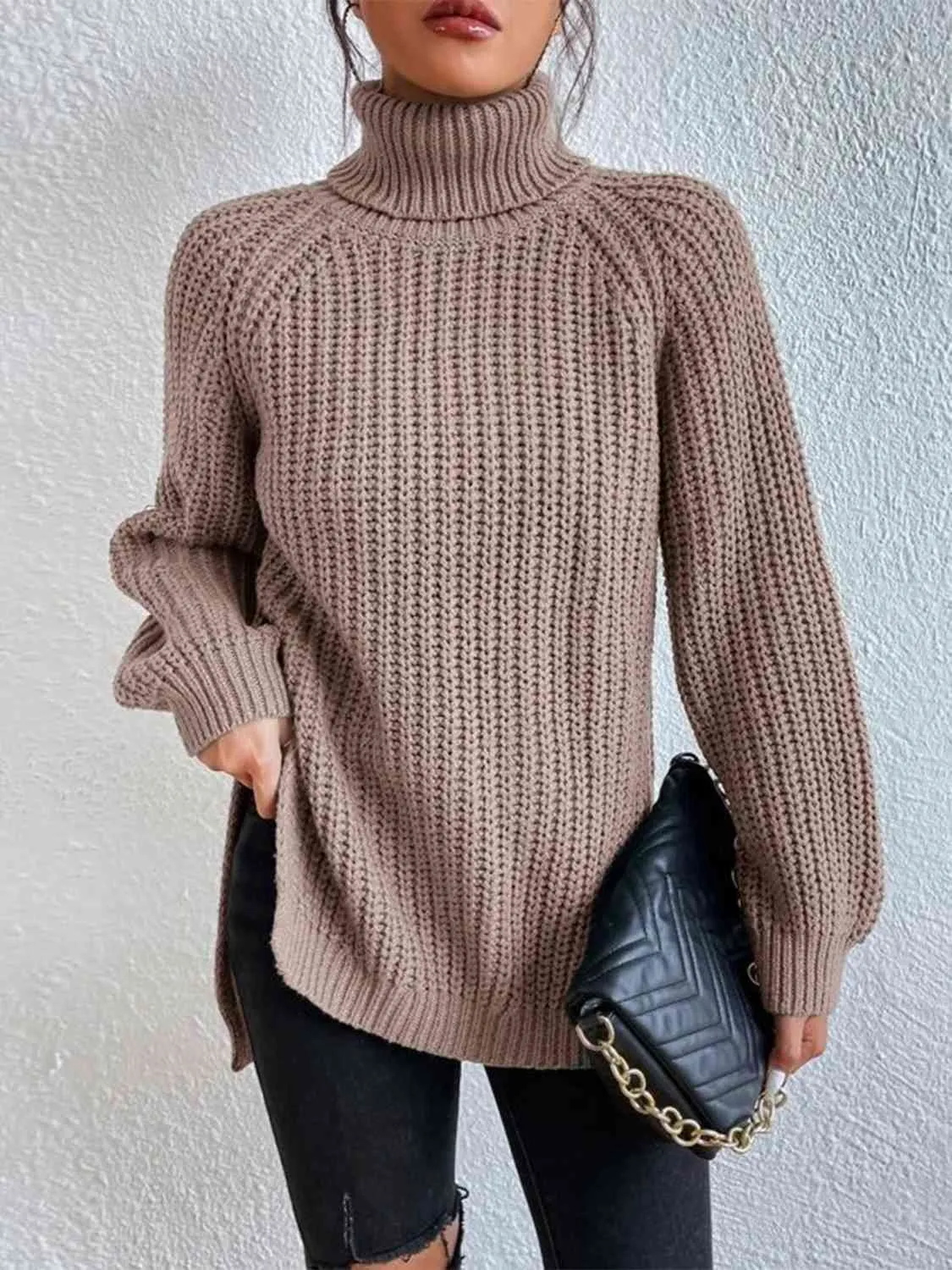 Winter Gathering Full Size Turtleneck Rib-Knit Slit Sweater