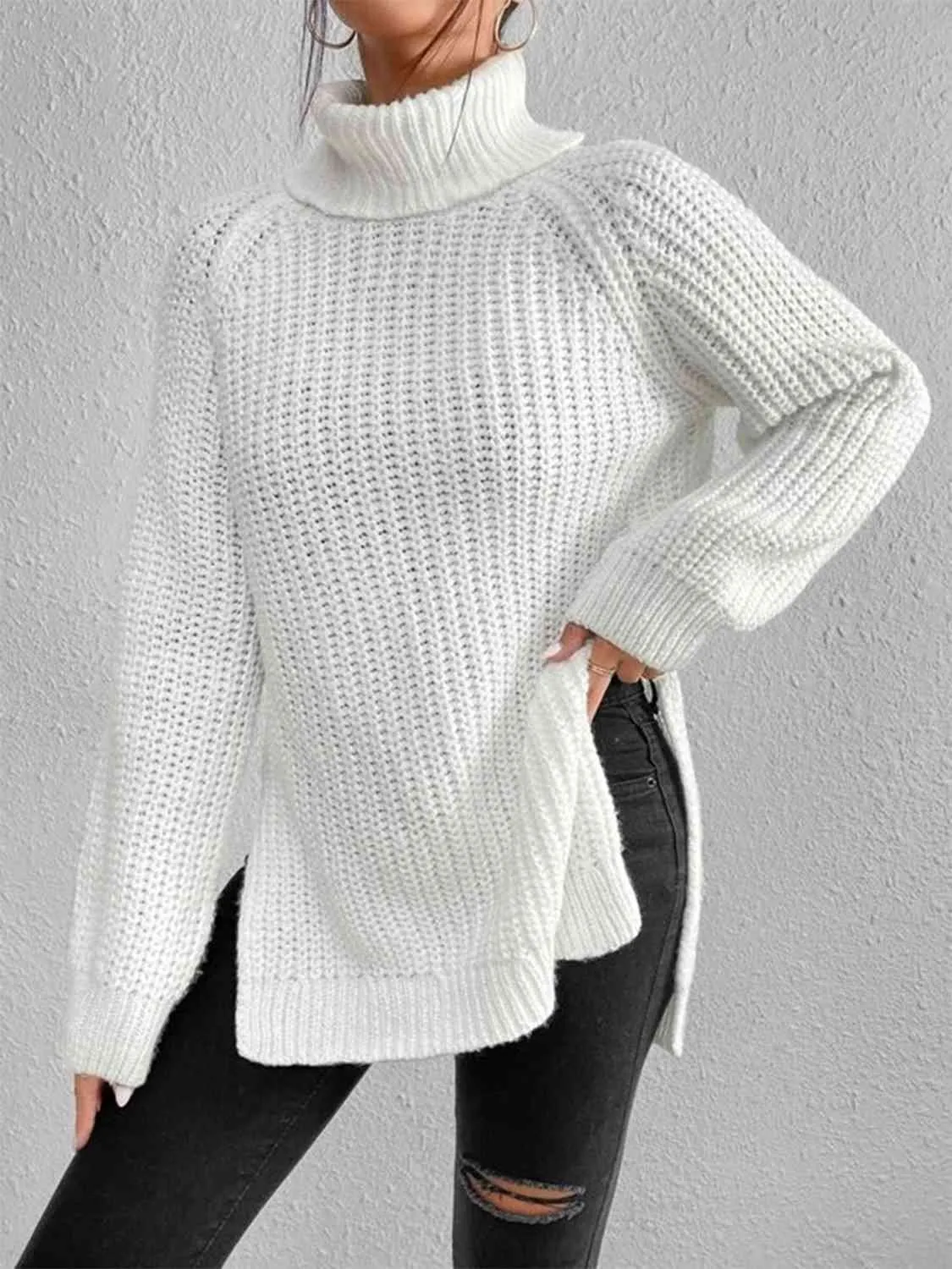Winter Gathering Full Size Turtleneck Rib-Knit Slit Sweater