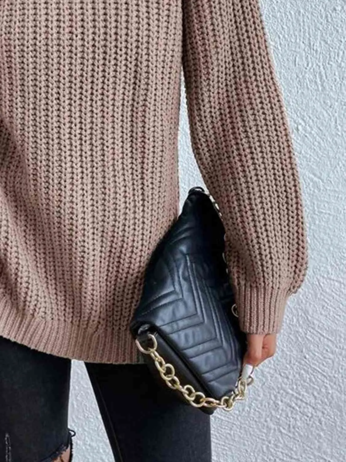 Winter Gathering Full Size Turtleneck Rib-Knit Slit Sweater