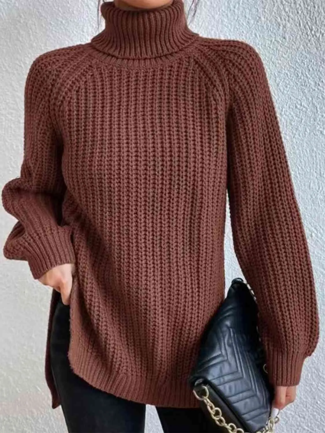 Winter Gathering Full Size Turtleneck Rib-Knit Slit Sweater