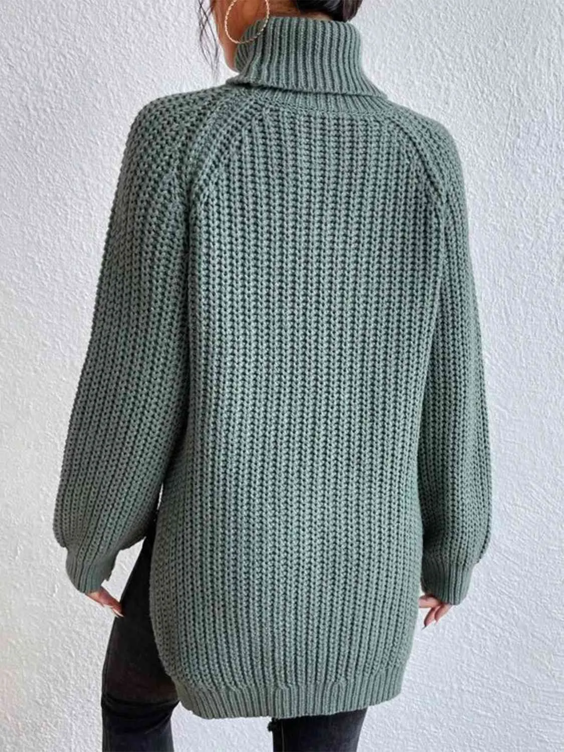 Winter Gathering Full Size Turtleneck Rib-Knit Slit Sweater