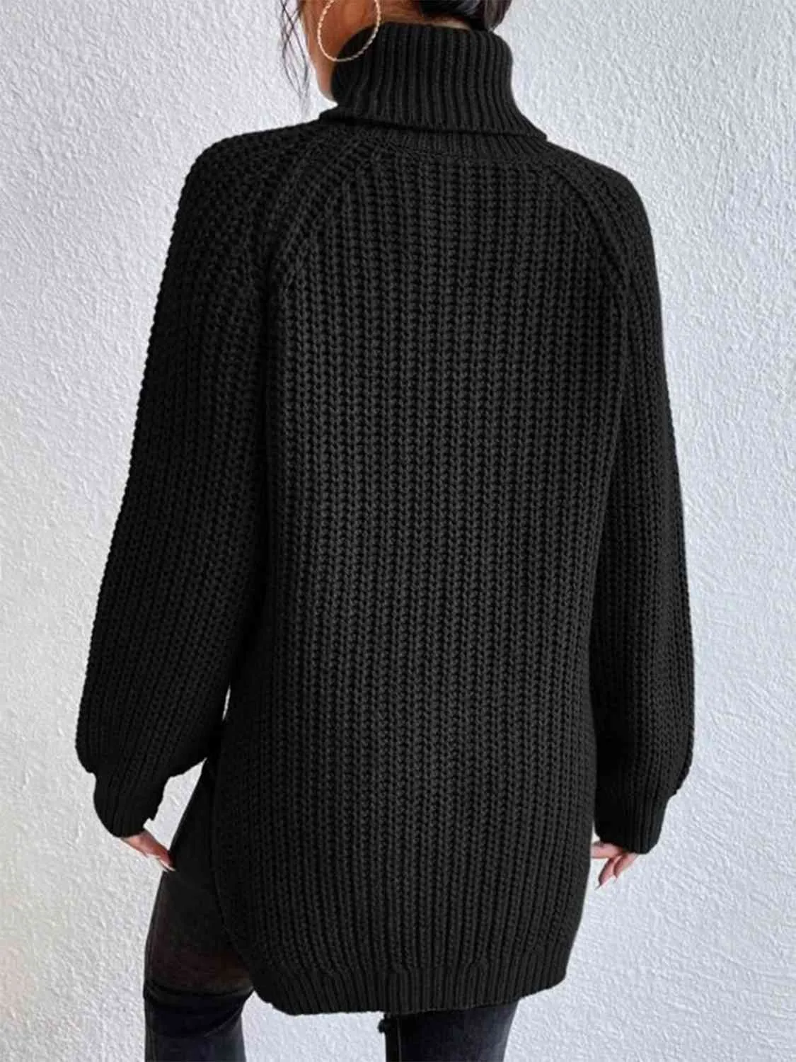 Winter Gathering Full Size Turtleneck Rib-Knit Slit Sweater