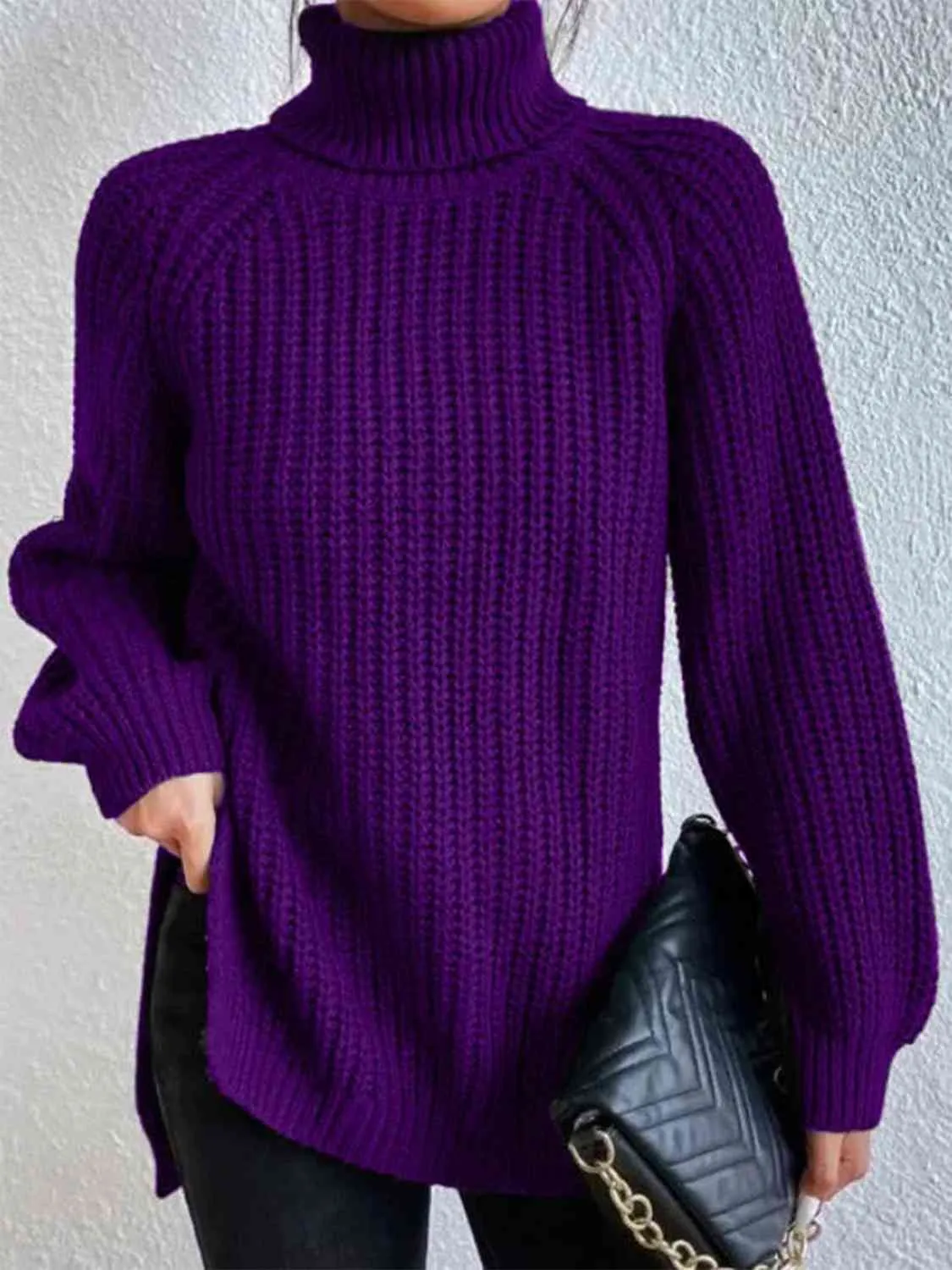 Winter Gathering Full Size Turtleneck Rib-Knit Slit Sweater