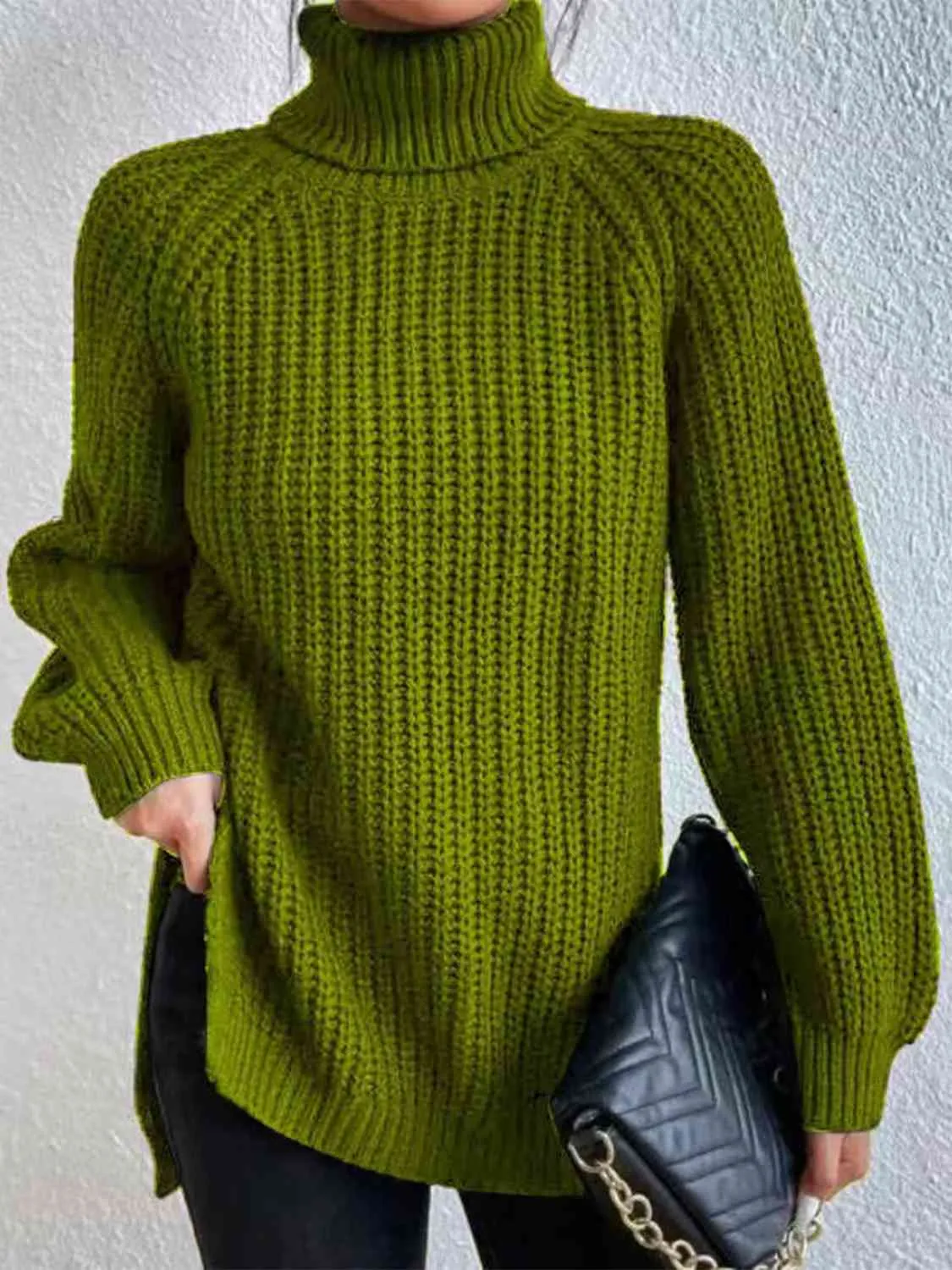 Winter Gathering Full Size Turtleneck Rib-Knit Slit Sweater